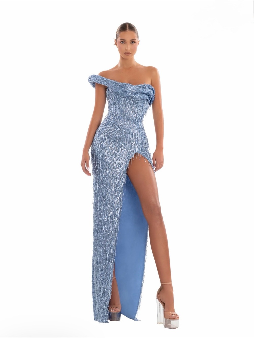 Albina Dyla One Shoulder Blue Evening Gown